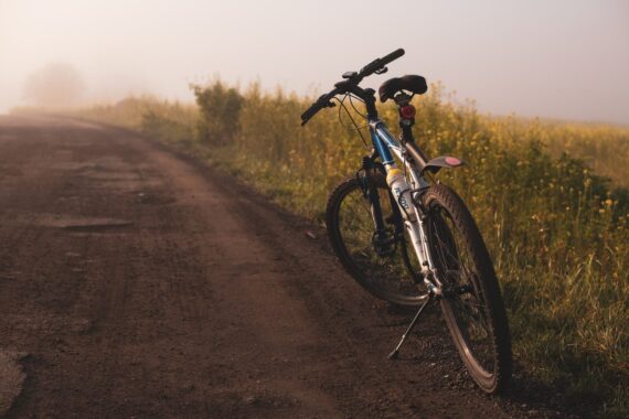 blue and white mountain bike parked on side of dirt road